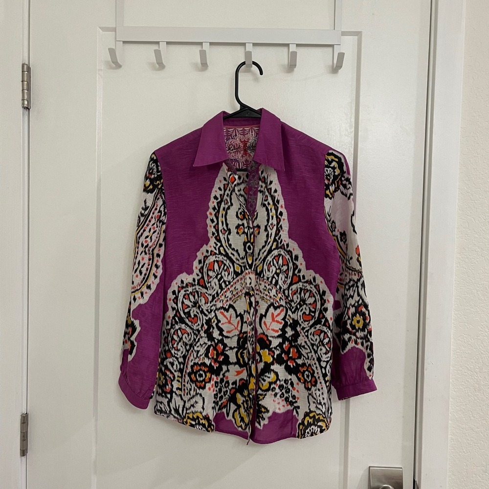 Robert Graham Linen Silk Blend Artsy Button Up Shirt Purple Floral Collared